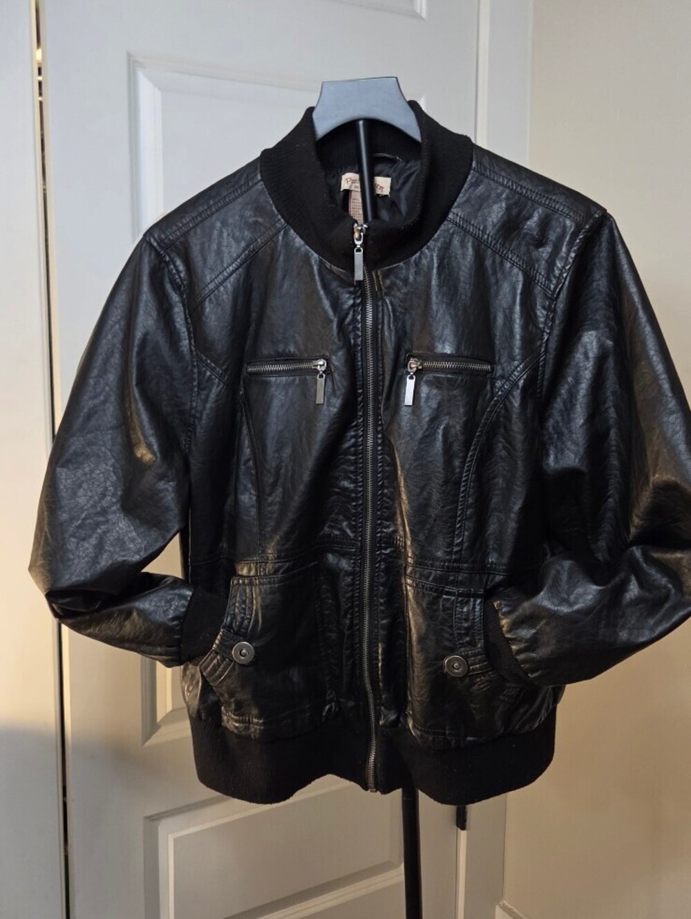 Womens Paris Blue Y2K Black Faux Leather Bomber Jacket 2X